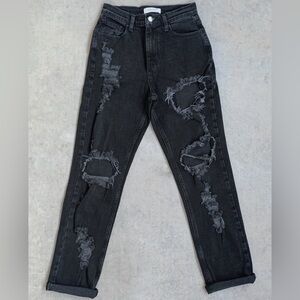 Distressed Black Women High Waist Mom Jeans